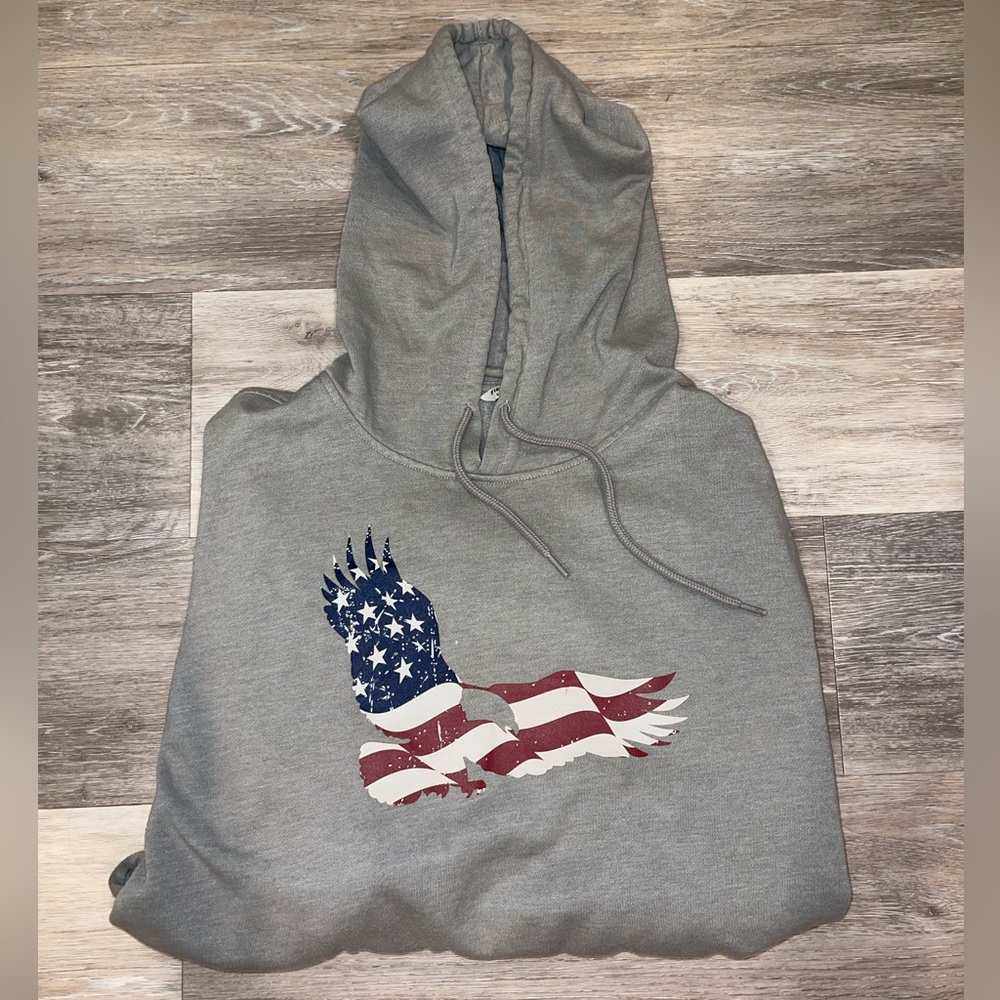 Mens Field & Stream Eagle Hoodie Sweatshirt Size Large Light Grey American Flag